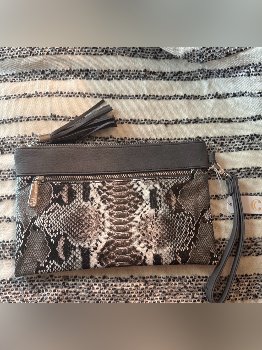 Gray Snake-Print Wristlet Clutch NWT.